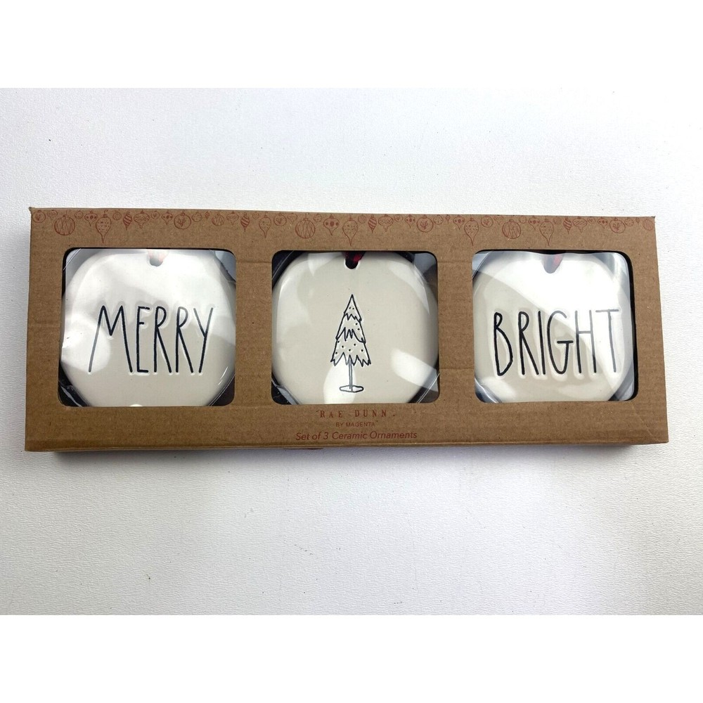 Rae Dunn Set of 3 Ceramic Ornaments Merry Bright and Christmas Tree Boxed Set